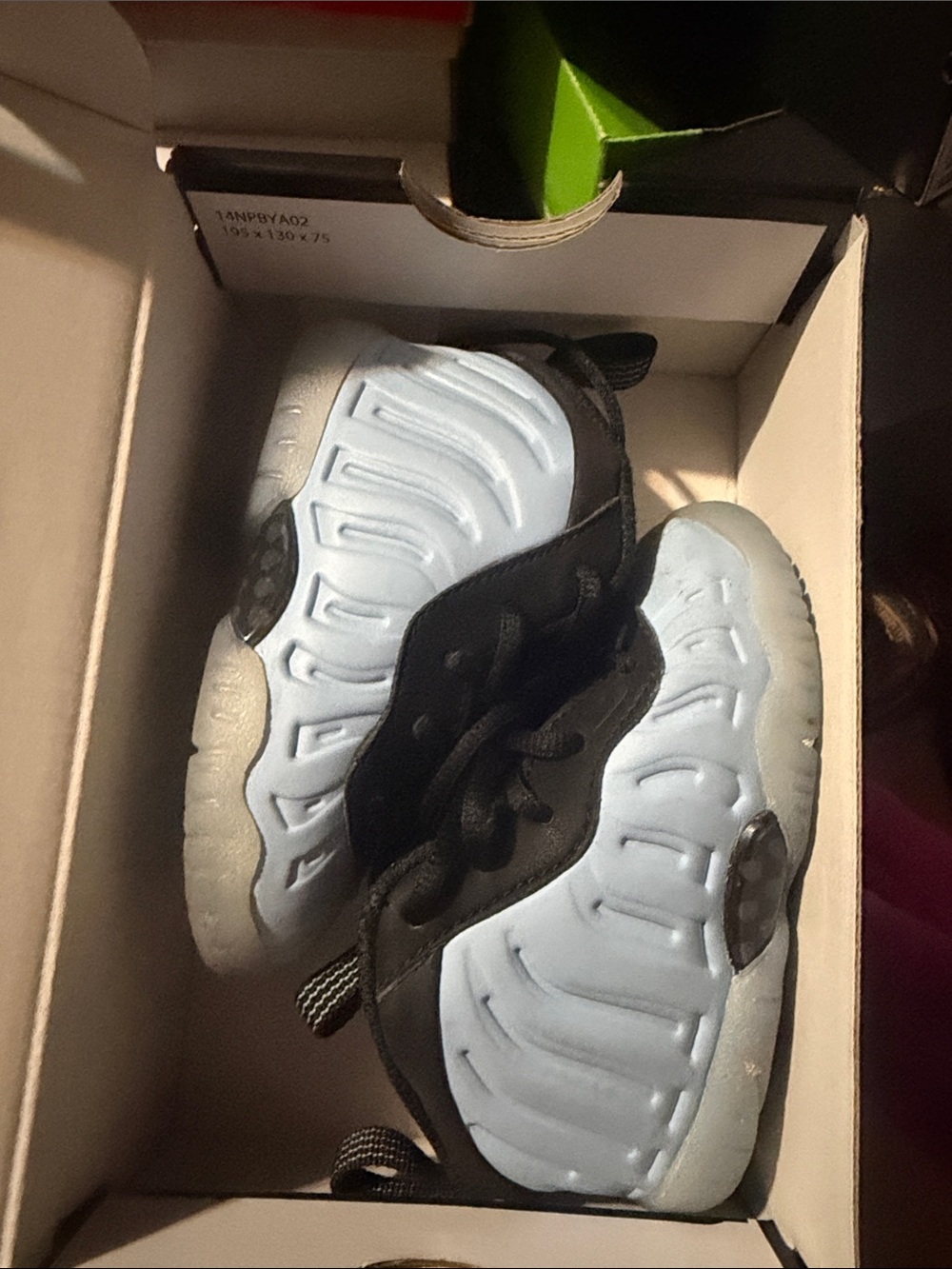 Jordan Kids Black and Ice Blue Foamposite Sneakers